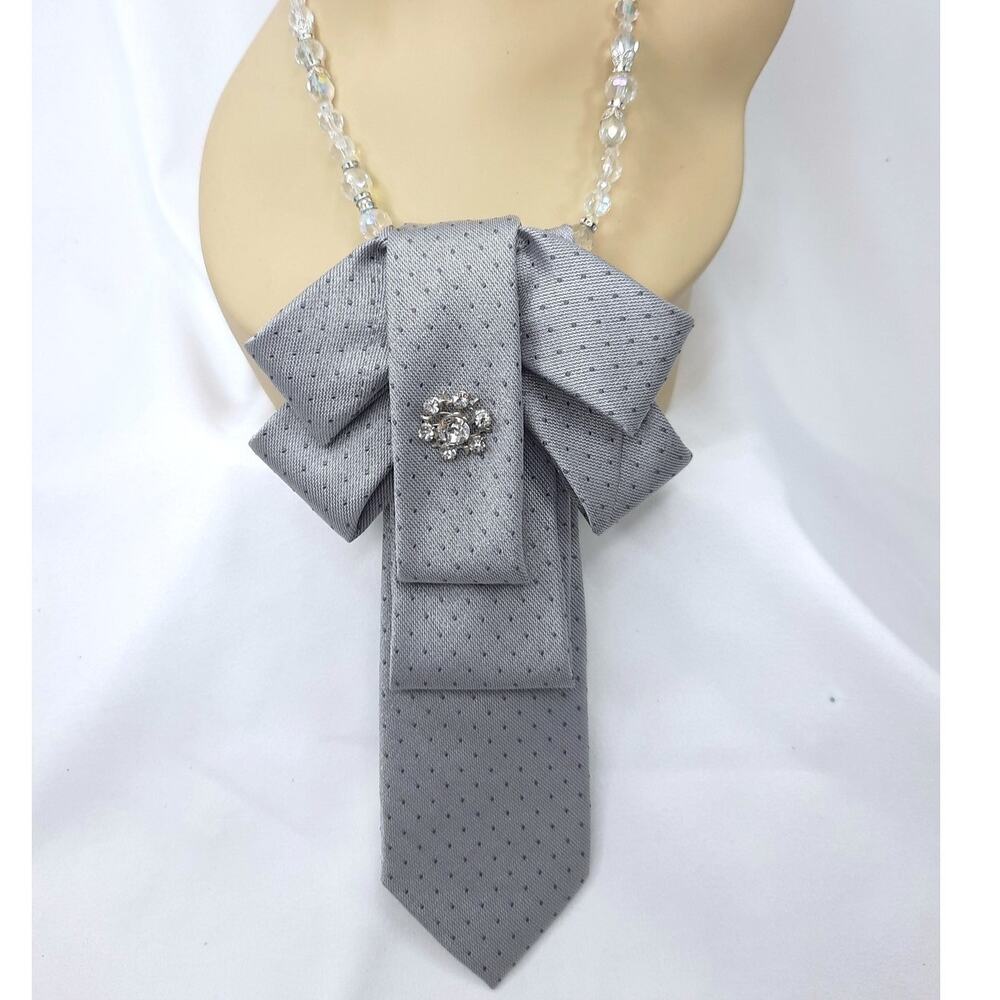 Artisan Vintage Silk Tie Pendant Crystal Beaded Necklace Calvin Klein Gray Sheen